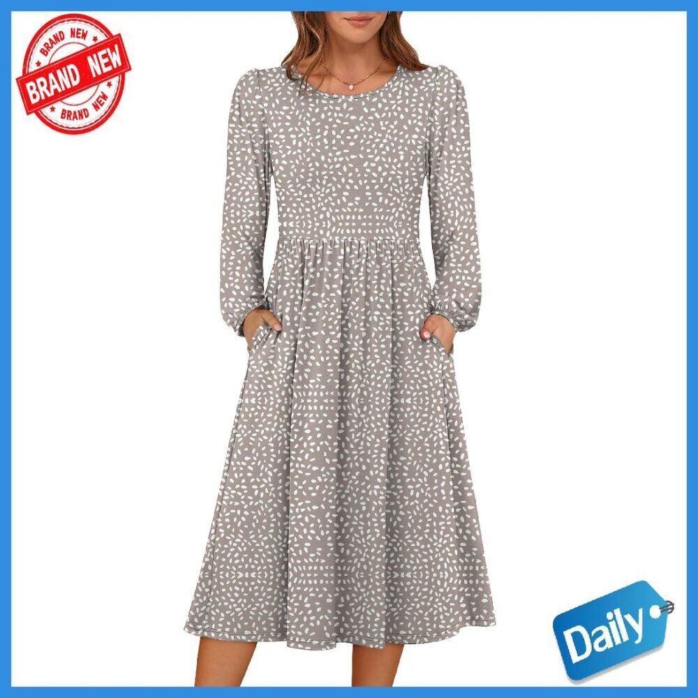 Long Sleeve Midi Dress A-Line Flowy Casual with Pocket